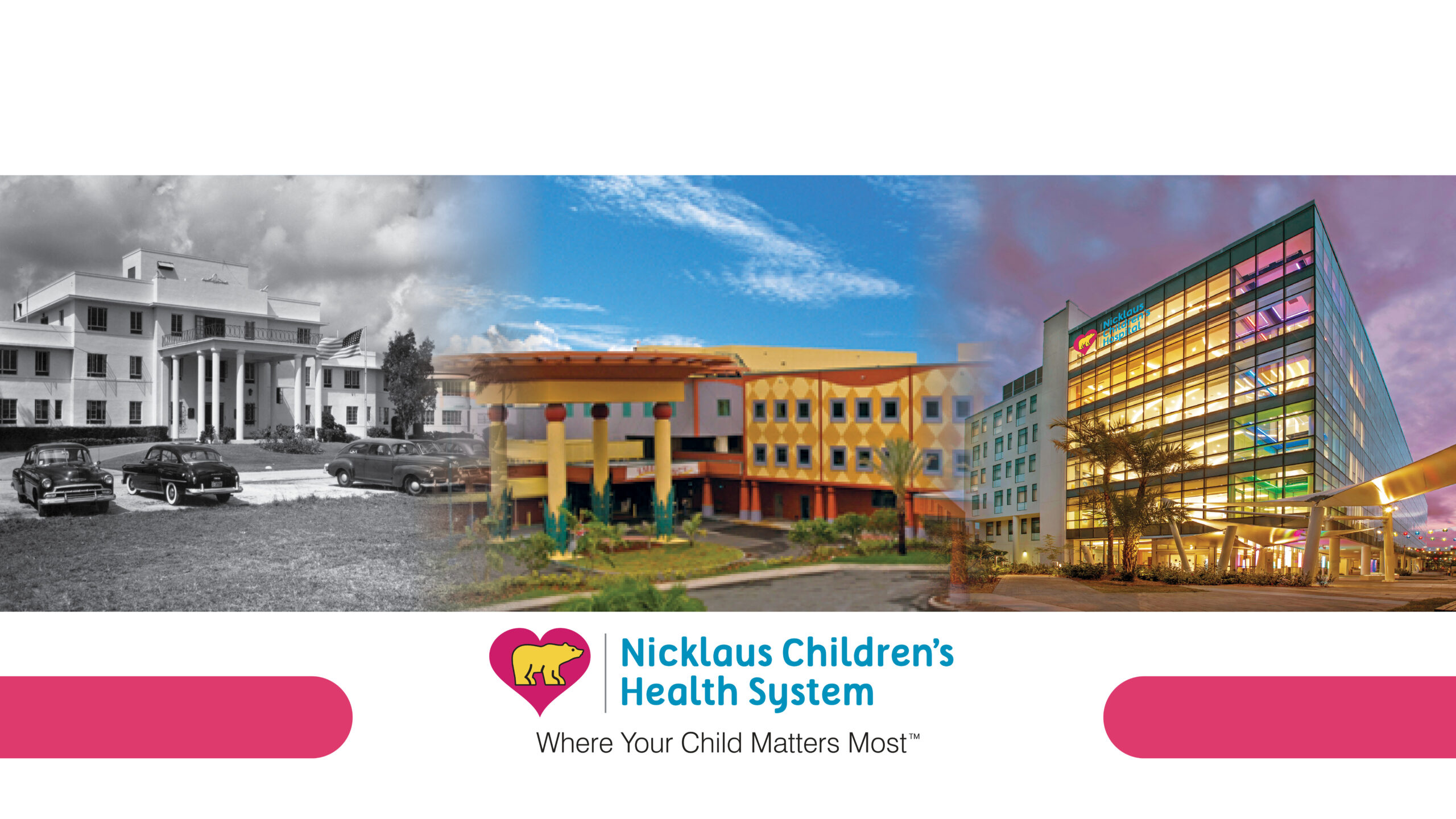Three images of Nicklaus Children's Hospital from past to present, blended into one image.
