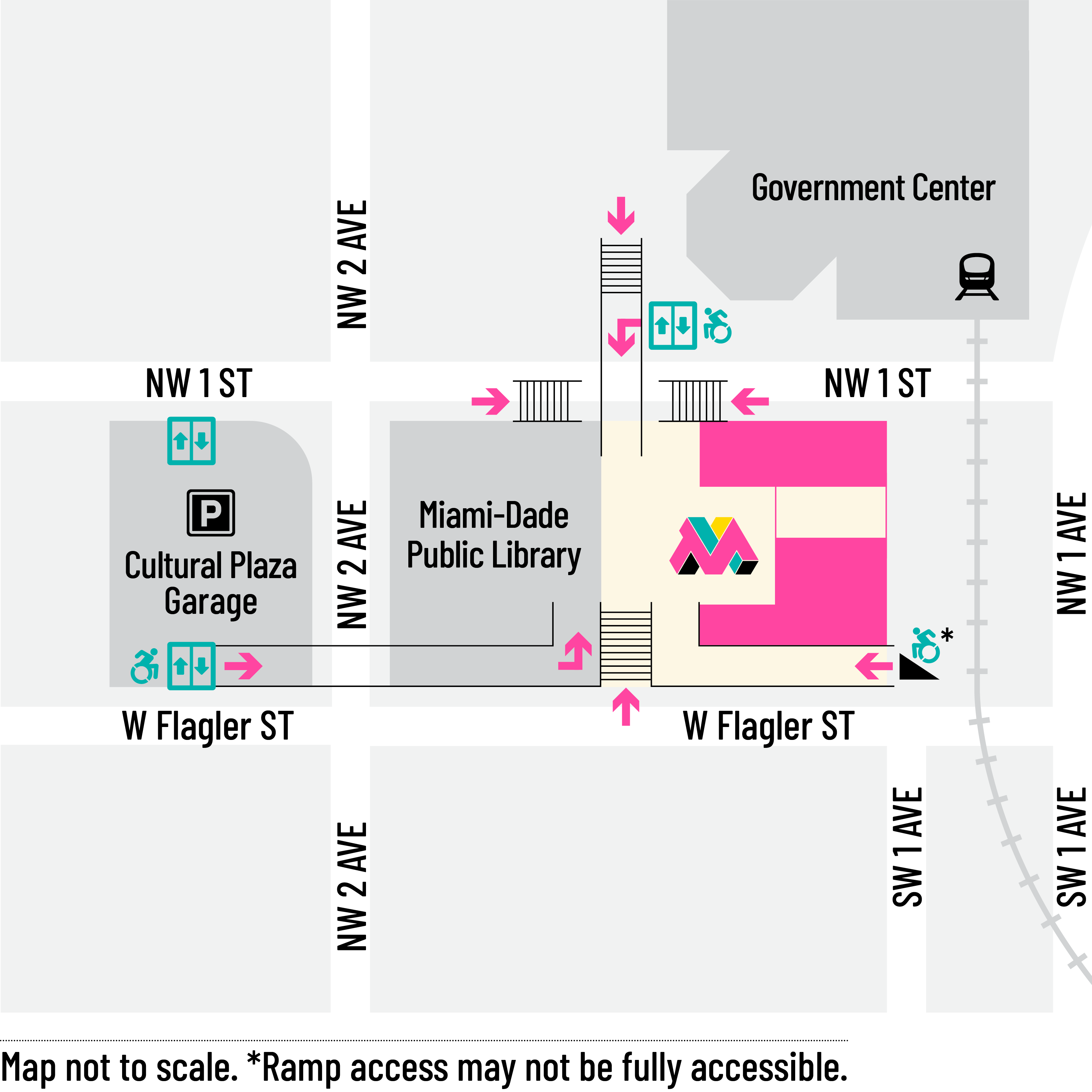 A map of the museum's location in proximity to government center (to the north), and the miami-dade cultural center parking garage to the west.