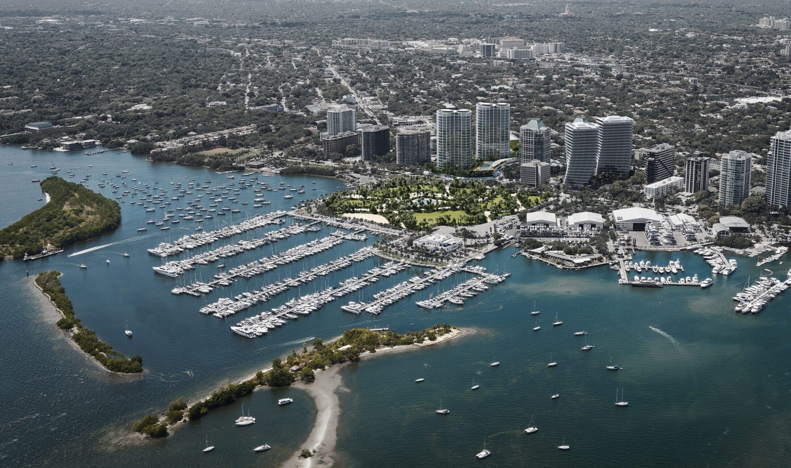 Aerial view of Coconut Grove from the Bay. Photo courtesy of the GMCVB – http://MiamiandMiamiBeach.com