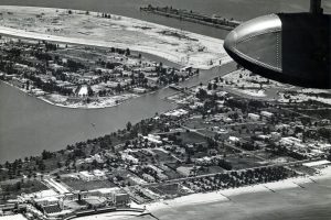Black and white archival image. Aerial view of Normandy Isle and the North Beach area.
