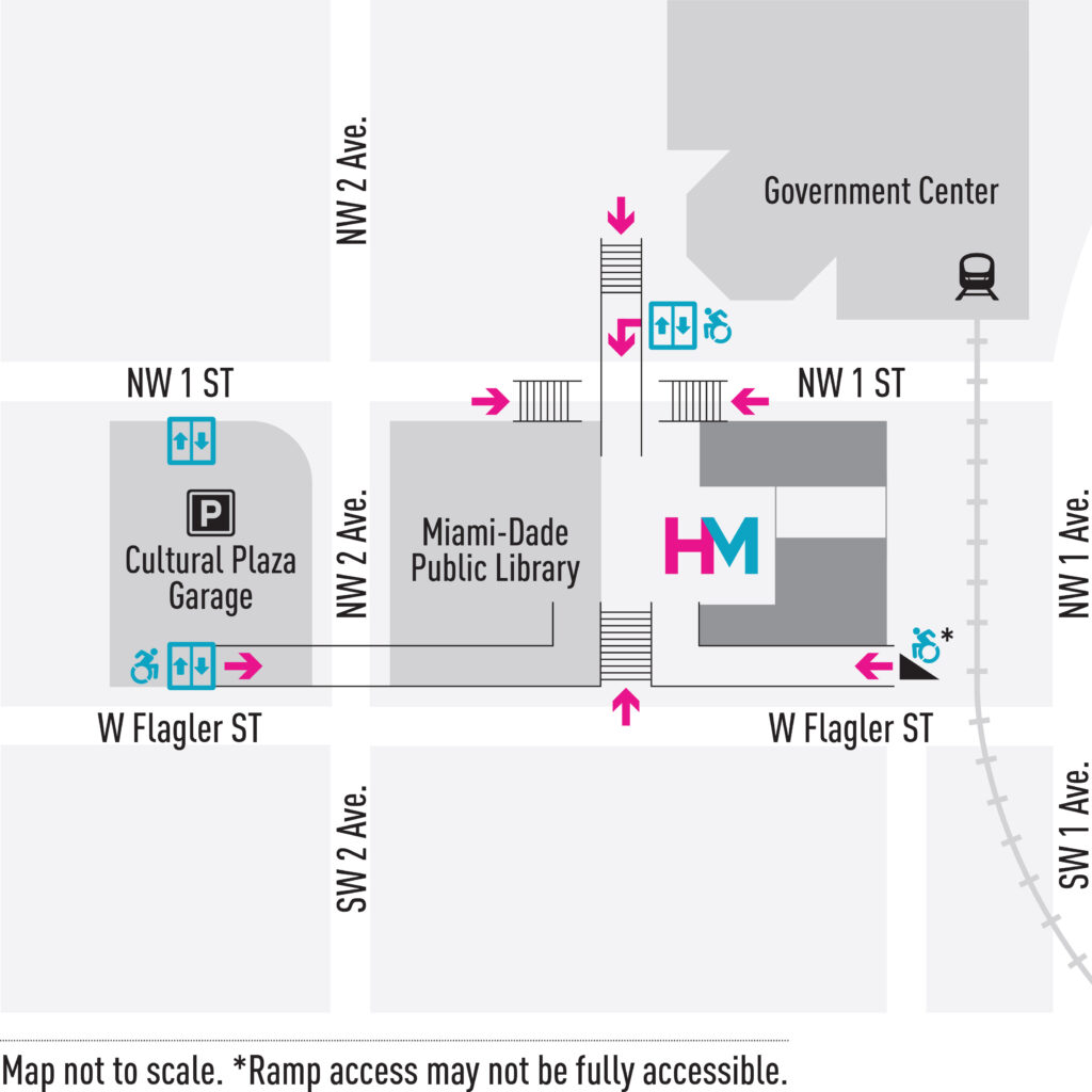 Map of Cultural Center Plaza with nearby Government Center. The Cultural Center Garage and Museum of Miami can be seen in the center of the map.