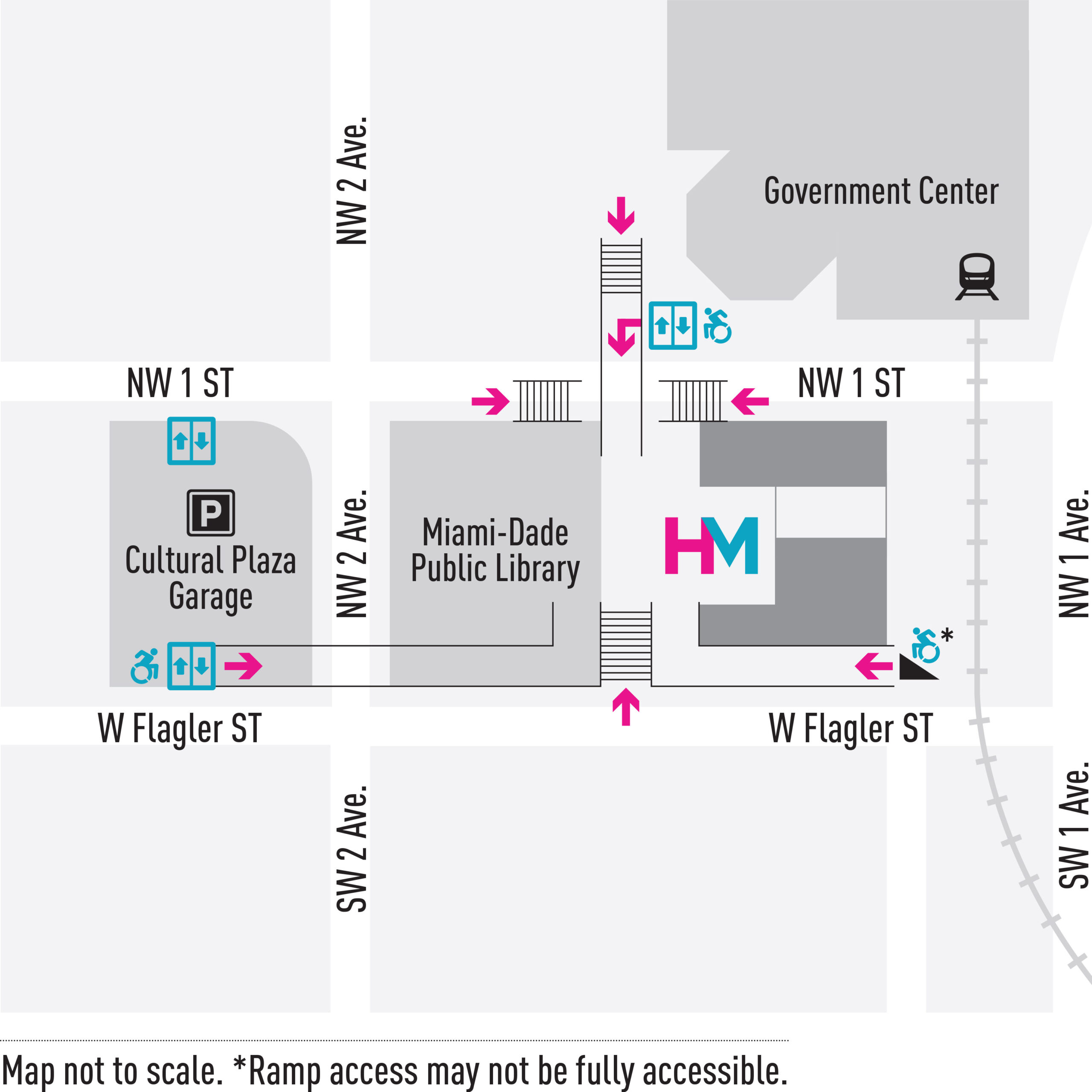 Map of Cultural Center Plaza with nearby Government Center. The Cultural Center Garage and Museum of Miami can be seen in the center of the map.