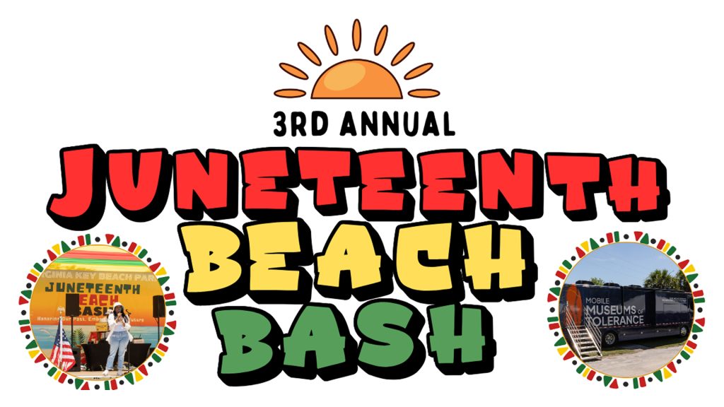 The words, "3rd Annual Juneteenth Beach Bash from coastlines to communities: a legacy in the sand" in red, yellow, and green text.
