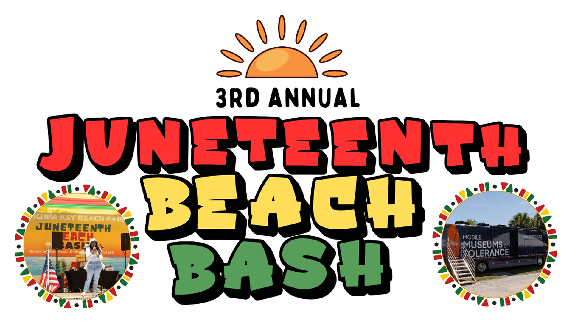 The words, "3rd Annual Juneteenth Beach Bash from coastlines to communities: a legacy in the sand" in red, yellow, and green text.