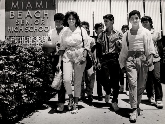 black and white picture of a group of high schoolers at Miami Beach Senior High School